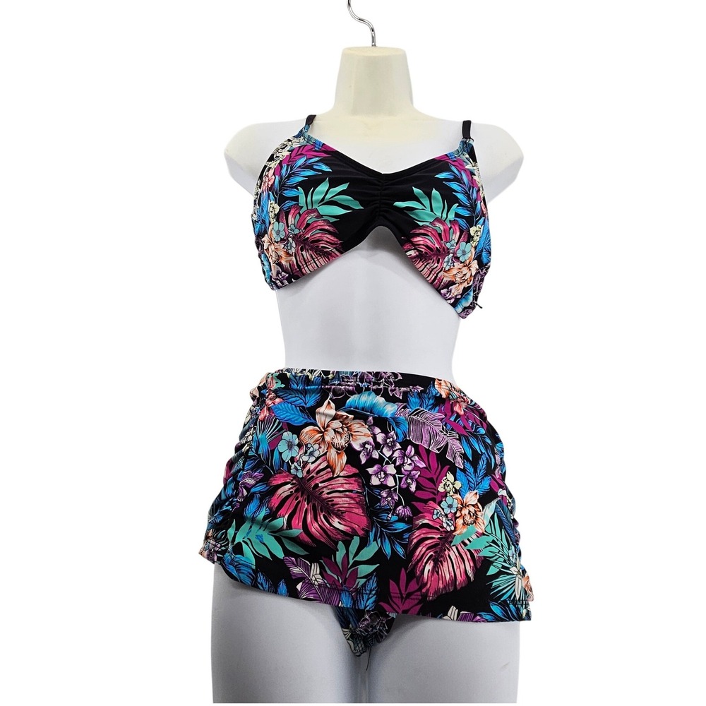 Kenneth Cole Tropical Floral Skirted Bikini Two Piece Swimsuit Vacation Large